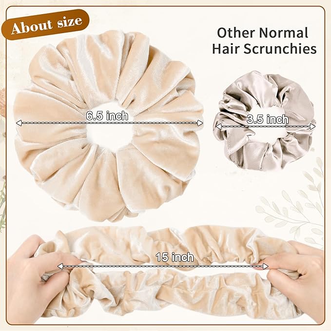 CEELGON Beige Big Velvet Scrunchie 6.5 Inches Jumbo Scrunchies Hair Ties Oversized Ponytail Holder for Thick Curly Hair Extra Large Hair Accessories for Women (Beige)