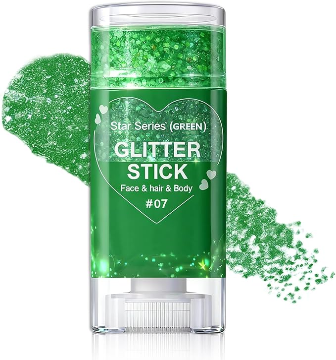Green Body Glitter Stick, Face Body Glitter Gel Holographic Hair Glitter Halloween Chunky Sequin Waterproof Face Paint Stick Glitter Makeup for Women