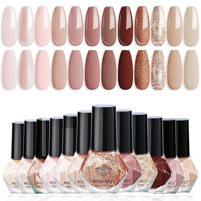 modelones Nail Polish Set 12 Colors Nude Brown Fall Nail Polish Set Champagne Gold Glitter Nail Polish Neutral Nude Pink Shimmer Fall Winter Brown Nail Gifts for Women Girl DIY Salon Home Manicure
