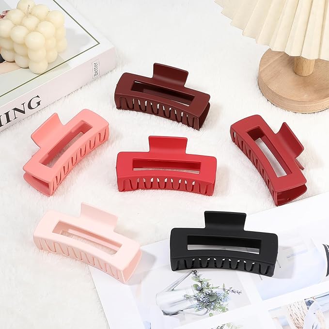 4 Inch Big Hair Claw Clips 6 Pcs Large Claw for Thick Hair Square Hair Clips for Women Rectangle Hair Clips Nonslip Acrylic Banana Jaw Clips Hair Accessories for Girls (Red)