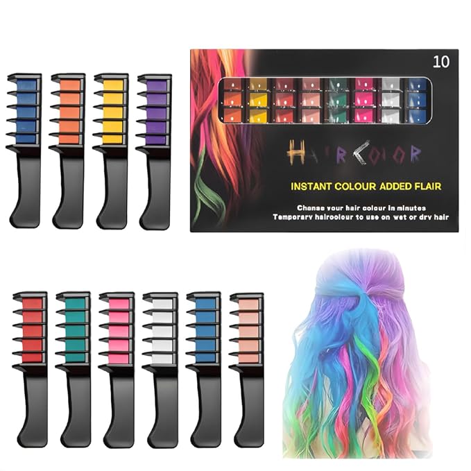 Festive Fun Hair Chalk Combs,10 Colors Instant Hair Color Comb Washable Quick Dry Vibrant Temporary ColorWashable Hair Chalk New Year Birthday Cosplay, Birthday Party, Christmas Gifts (10 Color)