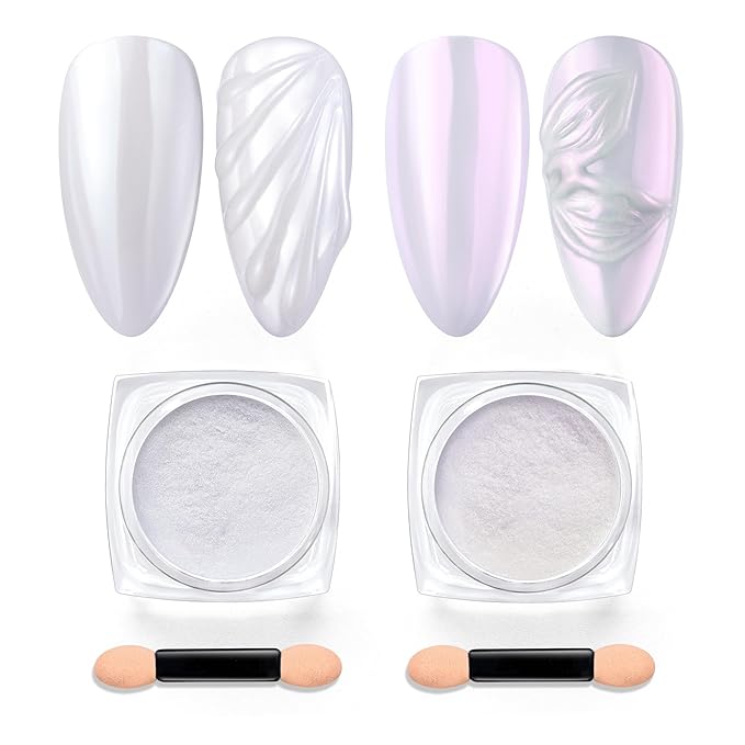 Beetles Chrome Nail Powder 2 Jars White and Purple Pearl Cromer Nail Powder for Gel Nail Mirror Effect Glitter Manicure Kit Pigment Nails Art Design Gifts for Women