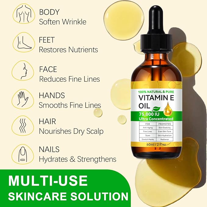 Pure Vitamin E Oil, 75,000 IU Ultra Concentrated & Natural for Stretch Mark/Scars Treatment, Smoothing & Moisturizing Skin & Hair & Cuticles, Cold Pressed/Hexane Free/Non-GMO, 60ML/2Fl Oz