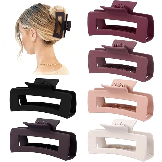 4 Inch Big Hair Claw Clips 6 Pcs Large Claw for Thick Hair Square Hair Clips for Women Rectangle Hair Clips Nonslip Acrylic Banana Jaw Clips Hair Accessories for Girls (Brown Scarlet)