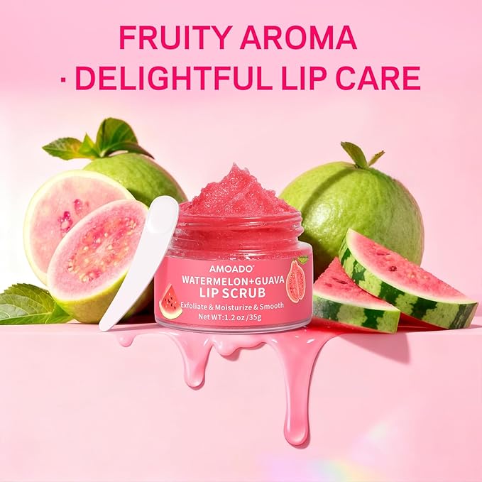 AMOADO Sugar Lip Scrub for Dark Lips – Exfoliating Lip Scrub for Smooth & Soft Lips with Watermelon & Guava, Lip Exfoliator & Moisturizer for Dry, Chapped Lips, Natural Lip Care, 1.2 oz/35g