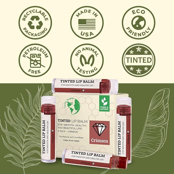 Earth's Daughter Tinted Lip Balm Crimson Color Stocking Stuffers 4-pack, Beeswax, Coconut Oil, Cocoa Butter, Vitamin E, Moisturize and Beautify - Paraben Free
