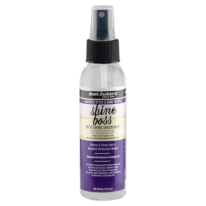 Aunt Jackie's Grapeseed Style and Shine Recipes Shine Boss Refreshing Sheen Hair Mist, Gives Curls, Waves and Coils Shine Without Oily Feel, 4 oz