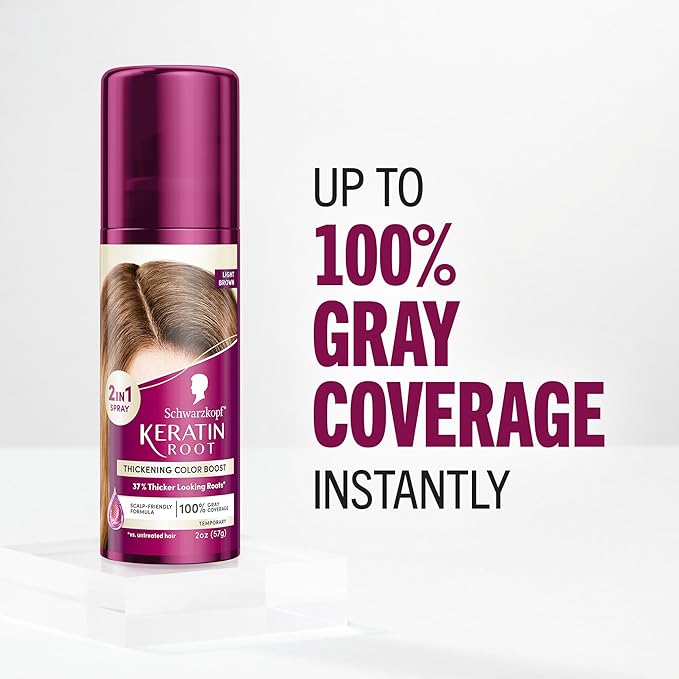 Schwarzkopf Keratin Root Temporary Hair Color Spray, Light Brown, Instant Gray Coverage, Thicker, Fuller-Looking Roots, Easy-to-Use, No Ammonia, Low Mess Application, Scalp Friendly