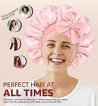 HiRui Silk Satin Bonnet for Sleeping Women, Double-Layer Sleep Cap Shower Cap with Adjustable Tie, Moisture Retaining Satin Lined Hair Bonnet for Curly and Natural Hair (Pink, Medium)