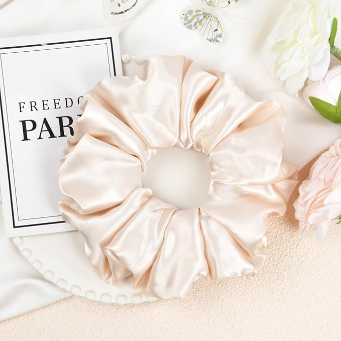 CEELGON Beige Big Satin Scrunchie6.5 Inches Jumbo Scrunchies Silky Hair Ties Oversized Ponytail Holderfor Thick Curly Hair Extra Large Hair Accessories for Women (Beige)