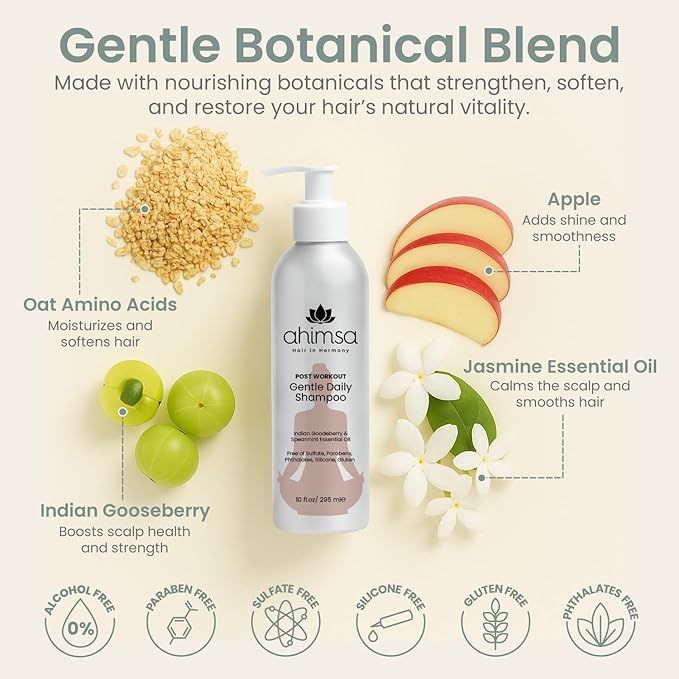 Ahimsa Gentle Daily Shampoo, Organic and Gentle Hydrating Shampoo for Dry, Curly & Color Treated Hair, Moisturizing Shampoos for Daily Use with Indian Gooseberry & Jasmine Essential Oil, Made in USA