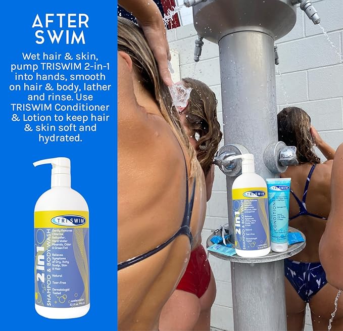TRISWIM 2-in-1 Chlorine-Out Shampoo & Body Wash 32oz | Removes Chlorine, Saltwater, Hard Water Minerals, Copper, Green Tint | Vegan, Tear-Free, No Parabens | Watermelon Scent