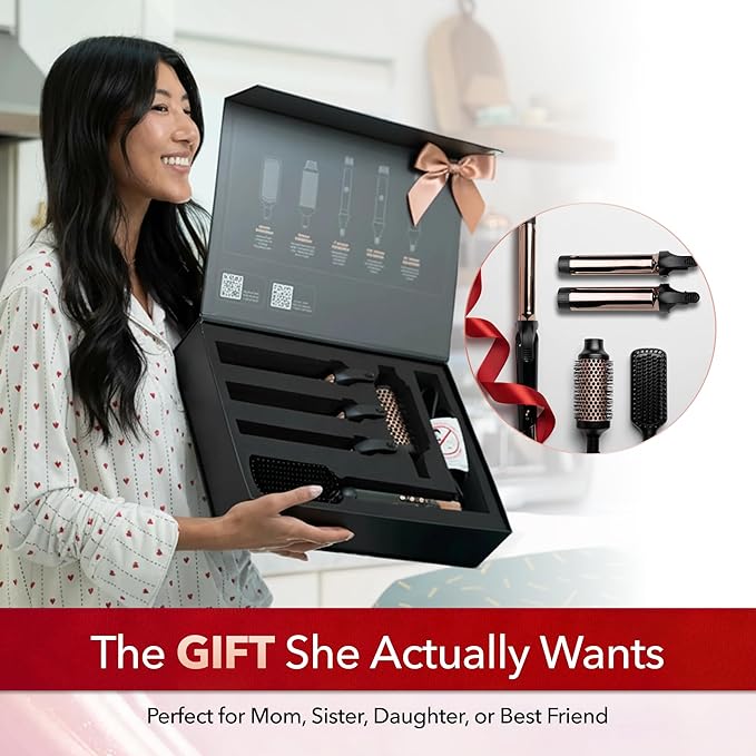 SRILabs CurlQ Extra Long Barrel 5-in-1 Curling Iron & Hair Styling Tool Set with Titanium Barrels, Ceramic Paddle Brush, Thermal Brush, Fast Heat-Up & 12 Temperature Settings