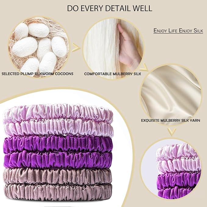 Suncdelv Silk,100% Silk Scrunchies for Hair,22 Momme Hair Ties for Anti-Crease & Breakage,Natural Women Hair Accessories，Fashion Hairbands 6PCS（Purple Gradient）