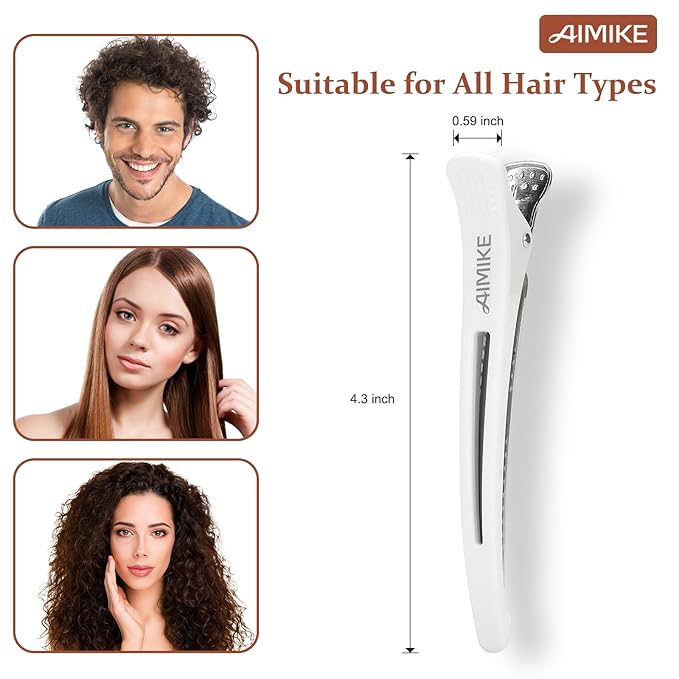 AIMIKE 6pcs Professional Hair Clips for Styling Sectioning, Non Slip No-Trace Duck Billed Hair Clips with Silicone Band, Salon and Home Hair Cutting Clips for Hairdresser, Women, Men - White 4.3” Long