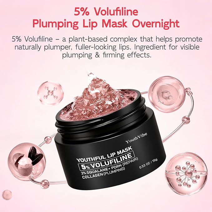 YouthVibe Lip Sleeping Mask Overnight Moisturizing - 5% Volufiline, Squalane, Shea Butter, PDRN & Collagen Hydrating Lip Mask for Dry, Flaky Lips, Pack of 2
