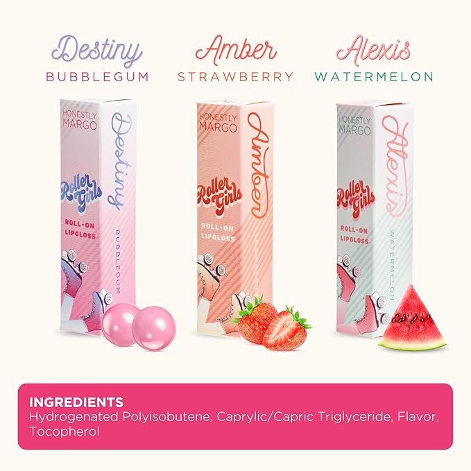 Honestly Margo Roller Girl Roll-On Lip Gloss Set (Strawberry Amber, Watermelon Alexis, Bubblegum Destiny - Pack of 3) – Lip Gloss for Women with Hydrating Vitamin E & Moisturizing Shine, Non Stick
