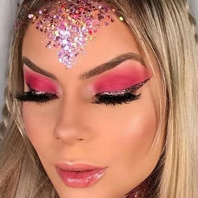 MEICOLY Pink Face Glitter,Pink Body Glitter,Sparkly Hair Glitter,Pink Accessories for Spirit Week,Singer Concerts Lover Heart Halloween Glitter Makeup,Mermaid Glitter Face Paint