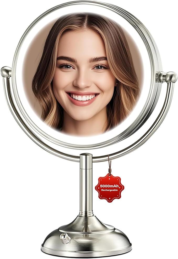 2025 VESAUR 9" Large 5000mAh Rechargeable Lighted Makeup Mirror Nickel, 1X/10X/20X HD Magnifying Mirror with Compact Suction Mirror, 3 Color Dimmable light, 360°Swivel Seamless Vanity Mirror, Gift Box
