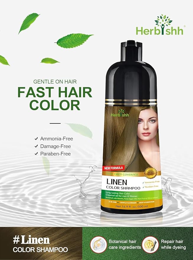 Herbishh Hair Color Shampoo - Magic Gray Hair Dye, Long-Lasting 3-in-1 Coloring Formula, 500ml, Ammonia-Free (Linen)
