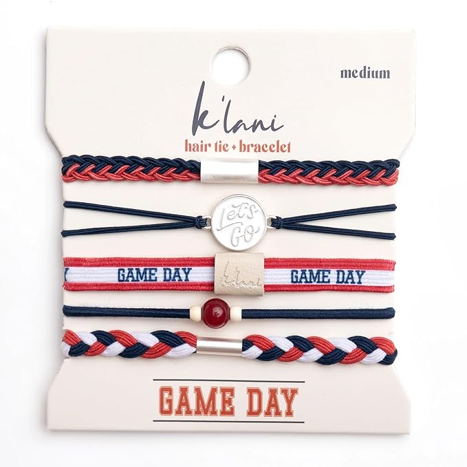 K'lani Game Day Hair Tie Bracelets – 5-Pack Stretchy No-Crease Hair Ties & Stylish Bracelets – Team Color Accessory for Hair or Wrist - Crimson & Navy, Medium