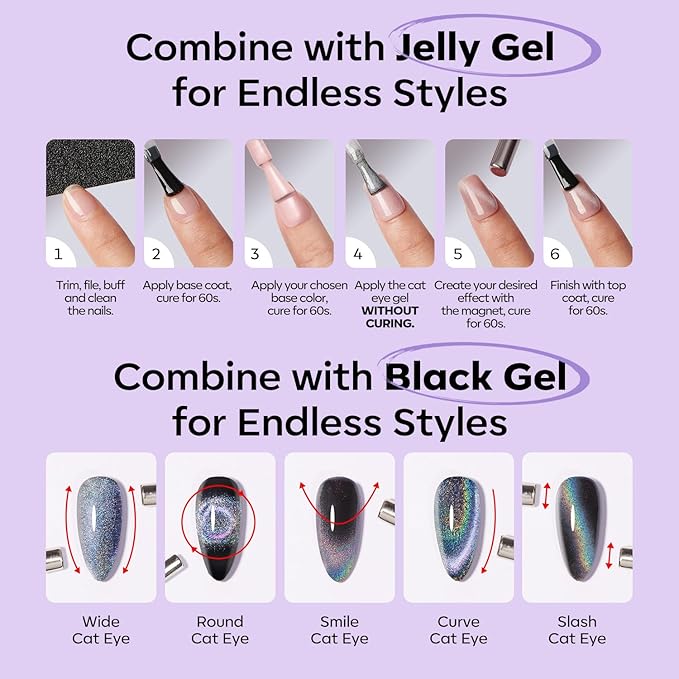 modelones Cat Eye Gel Nail Polish,Glitter Purple Gel Polish with Magnet Magentic Cateye Gel Polish Soak Off Led Reflective Gel Top Coat Manicure Salon DIY Gifts