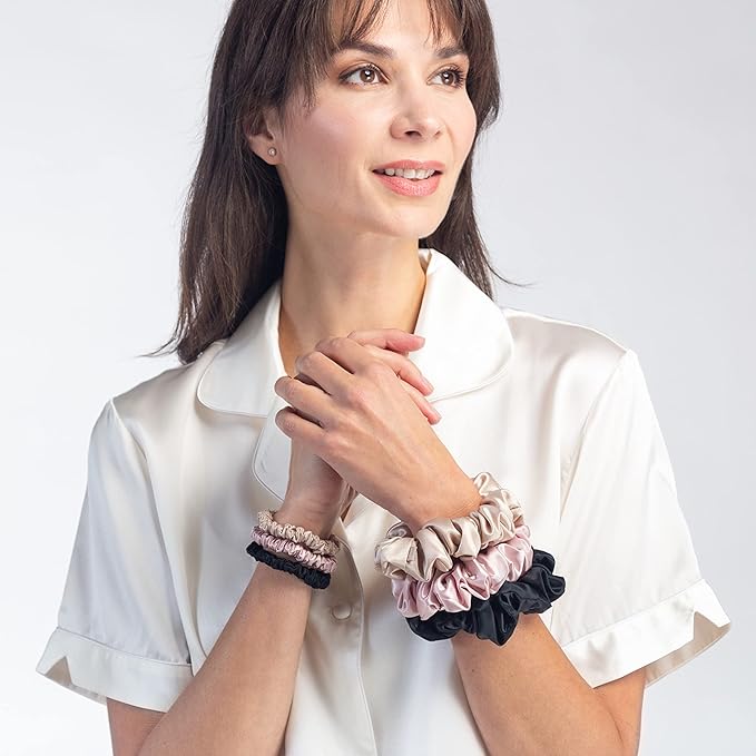 Fishers Finery 25 Momme Pure Mulberry Silk Black Scrunchies | Skinny Silk Hair Ties (Black 6 Pk)