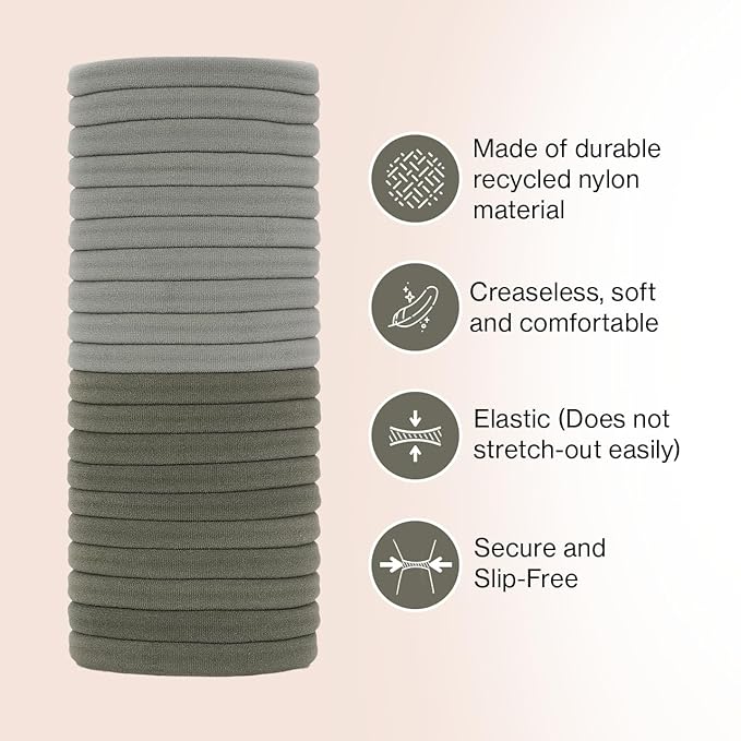 Kitsch Nylon Hair Ties for Girls & Women - No Snag, Pain-free Hair Ties No Damage Ideal for Ponytails, Updos & Braids | Ideal Gifts for Women, 20pcs Eucalyptus
