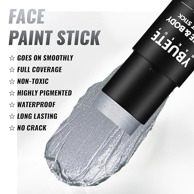Silver Oil Based Face Body Paint Stick, Non-toxic Full-coverage Face Painting for Moon Goddess Makeup Halloween Cosplay Makeup, Waterproof Cream Silver Body Painting for Adults