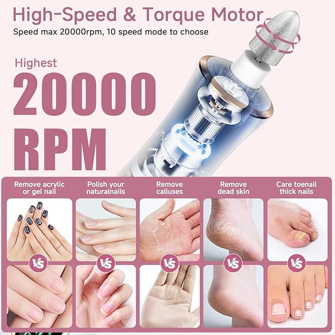 Professional Cordless Electric Nail File Set, 360 LED Light Drill Machine With LCD Display, 10 Speeds Rechargeable for Gel and Thick Toe Nails, Manicure Pedicure Kit, Christmas Gifts