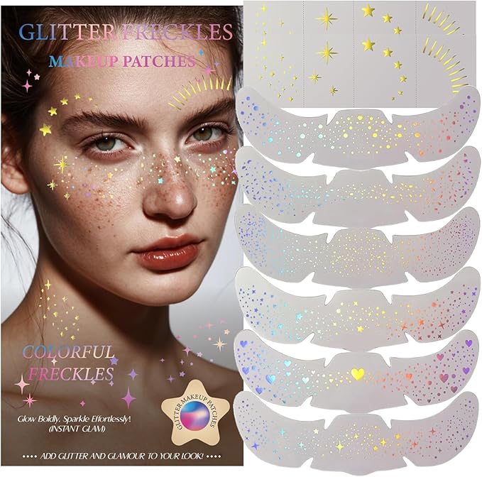 Glitter Freckles, Holographic Face and Body Glitter Tattoo Sparkle for Women Gold Glow Cosmetic Star Makeup Accessories for Festival Rave (Holographic&Gold)