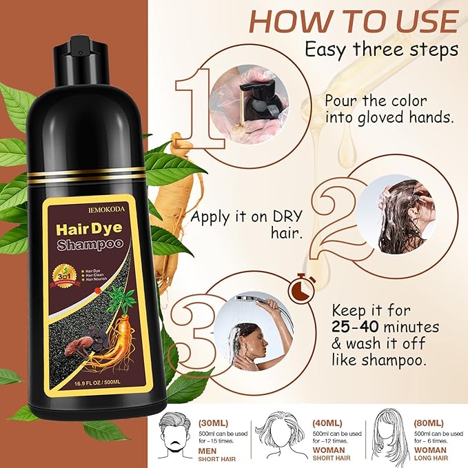 Instant Chestnut Brown Hair Dye Shampoo for Vibrant Hair Color, Natural Herbal Hair Color Shampoo Hair Dye, 3 in 1 Coloring & Care Formula Lasts 3-4 Weeks, Easy & Quick to Use for Women Men, 500ML