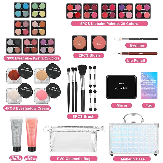Anpro All-In-One Makeup Kit for Girls 10-12 with Case, Pro Teen Makeup Set, Tween Makeup Kit for Teens Women, Full Make Up Starter Kit with Brushes, Lipstick, Eye Shadow, Palette, Blush, Glitter Gel