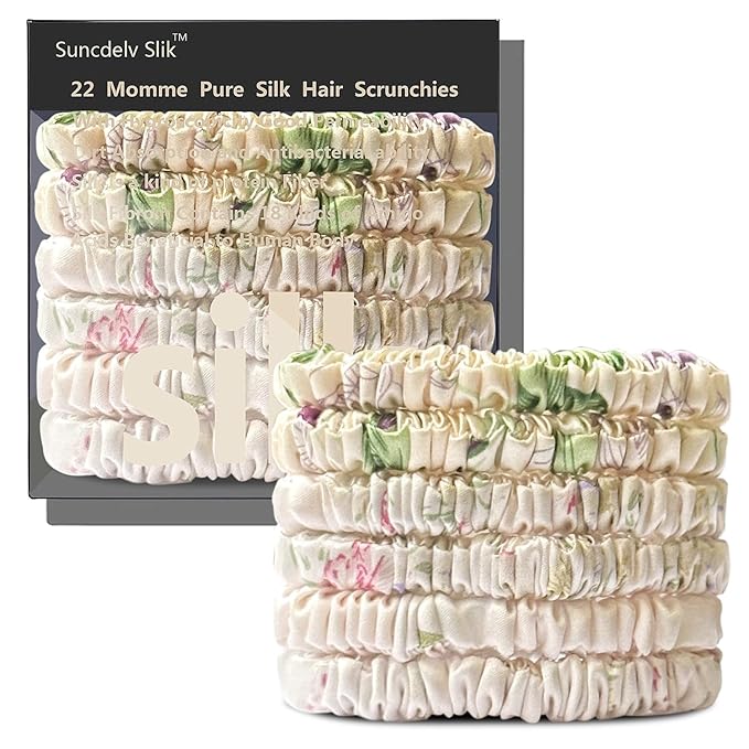 Suncdelv Silk,100% Silk Scrunchies for Hair,22 Momme Hair Ties for Anti-Crease & Breakage,Natural Women Hair Accessories，Fashion Hairbands（Fragmented Flowers）