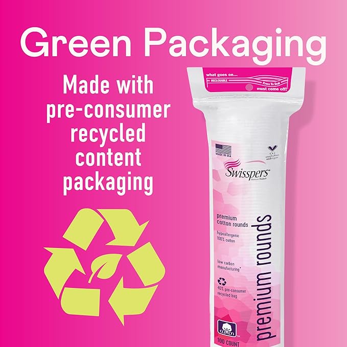 Swisspers Premium Cotton Rounds - 100% Chlorine Free Cotton Face Pads for Makeup, Nail Polish Removal - Dermatologist Tested and Hypoallergenic, Made in USA - 100 Pads (Pack of 3)