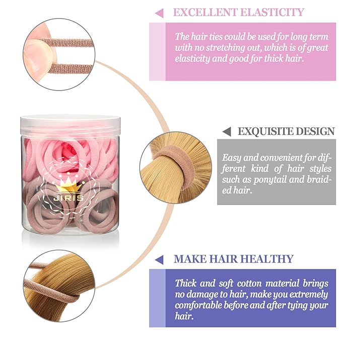 50Pcs Hair Ties for Women Girls,Cotton Seamless Hair Ties, Soft Ponytail Holders,No Crease No Damage Elastics Hair Bands with Box for Thick Heavy and Curly Hair (Pink)