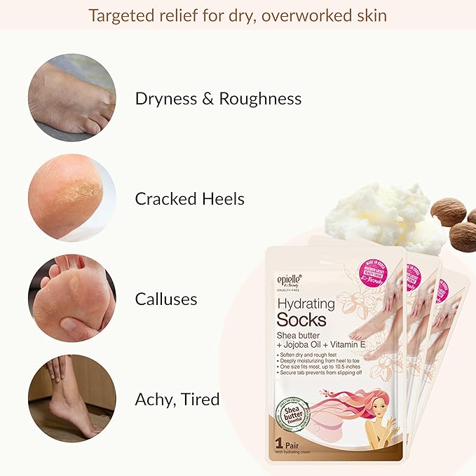 Epielle Hydrating Foot Mask 6 Pairs, Relieve and Soften with Shea Butter & Jojoba Oil, Deep Moisturizing Socks for Dry, Cracked Feet, Self Care Gifts for Women, Spa Kit, Stocking Stuffers