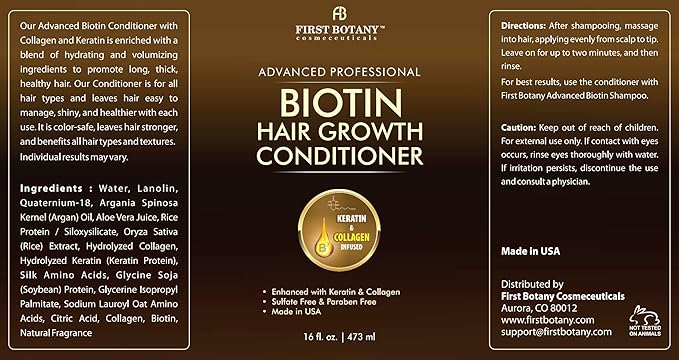 First Botany, Biotin Hair Growth Shampoo Conditioner Anti Hair Loss Thickening formula Collagen & Stem Cell For Hair Regrowth Anti Thinning Sulfate Free For Men Women Anti Dandruff Treatment 16 oz x2