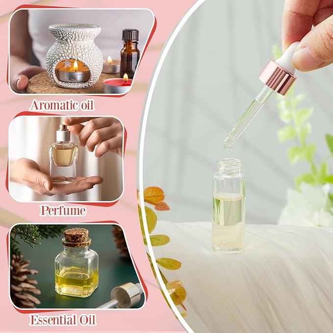 20 Pcs Mini Glass Oil Dropper Bottle Bulk, Clear Essential Small Empty Bottles Sample Containers Perfume Liquid Vials with Cap for Traveling (1ml,2ml,3ml,5ml,Rose Gold)