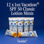 Vacation Mini Classic Sunscreen SPF 30, Water-Resistant, Bulk Suntan Lotion, Bachelorette Party Favors, Beach Must Haves, Traveling Essentials, Travel Size, 1 Fl. Oz. (Value Pack of 12)
