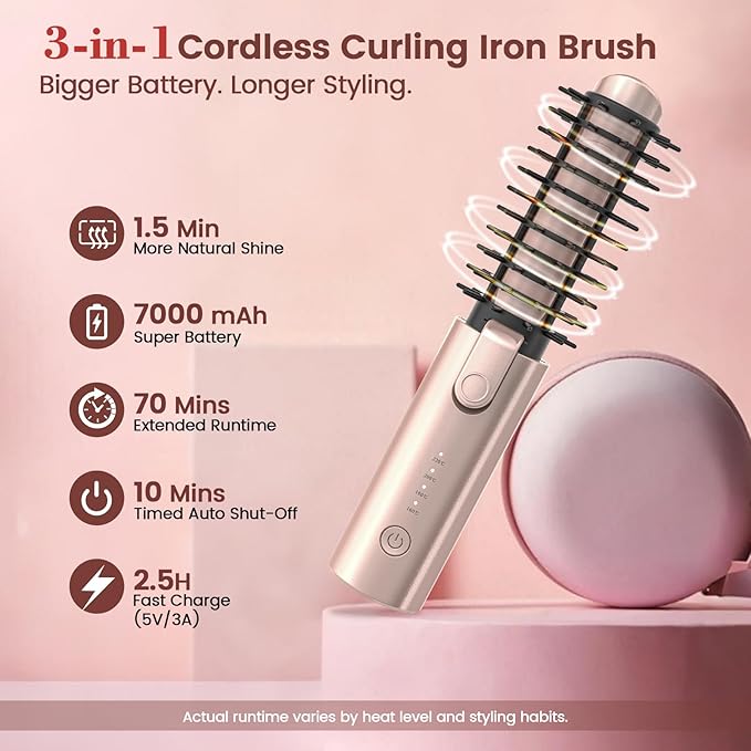 Youbella Cordless Hair Curling Iron Brush, Portable Travel Hair Curler, Mini 1.5″ Heated Round Brush, 3-in-1 USB Rechargeable Straightening Wand for Styling & Smoothing, 200 Million Ionic Care, Pink