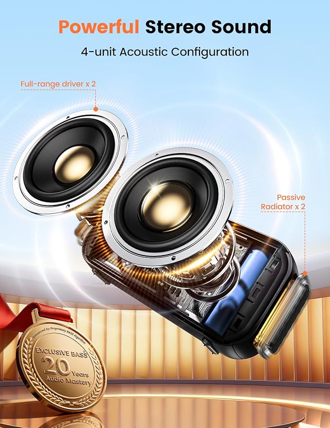 Bluetooth Speaker Stereo 20W Loud Sound: 30H Playtime, IPX5 Water Resistant, Portable Wireless Speakers, Powerful Bass, Lightshow, Birthday Gifts for Men/Adults/Teens, Beach Vacation Essentials, Black