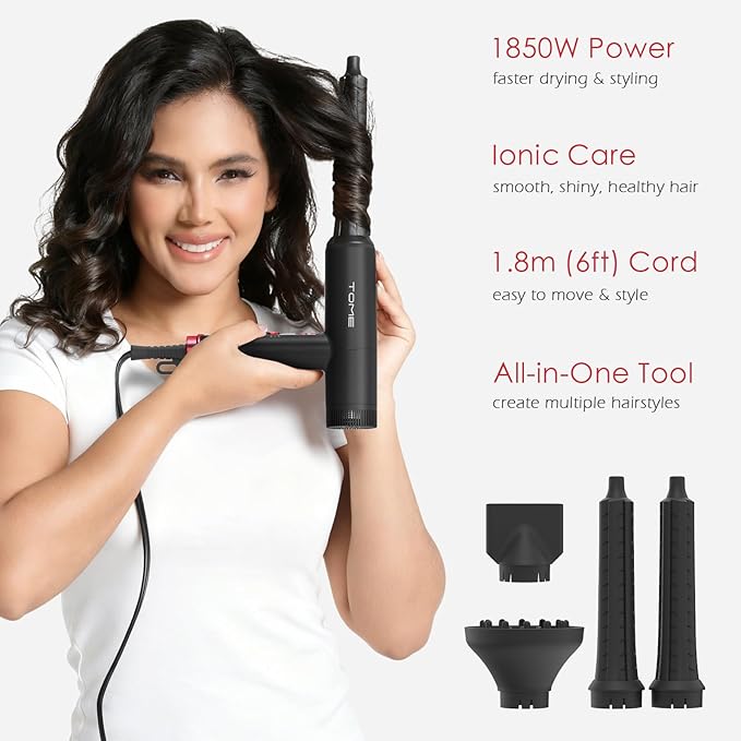 TOME Hair Dryer with Diffuser 1875W High Speed Blow Dryer Ionic 110000 RPM Cool Shot Lock 1 inch Air Curling Wands Nozzle Light Weight Red