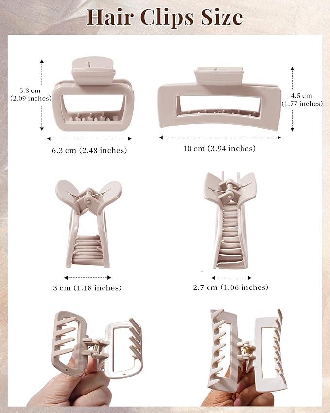 Mesovor 2 Styles Silicone Flexible Hair Claw Clips, 6 Pack Soft Bendable Hair Clips for Women | Rectangle Small Large Cozy Hairclips (White, Light Khaki, Dark Khaki)