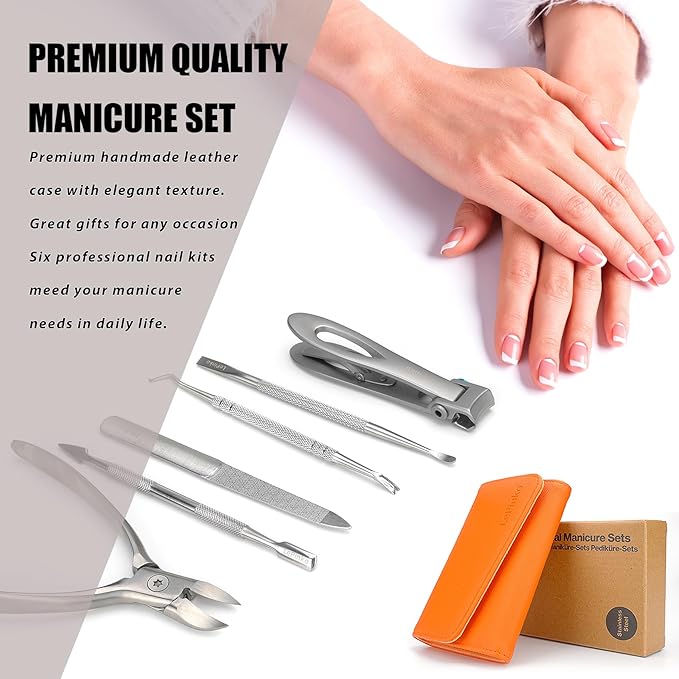 Nail Clippers Set for Thick Toenails and Fingernails, Heavy Duty Podiatrist Clippers for Ingrown Nails, Manicure Sets with Travel Leather Case, Gifts for Stocking Stuffers Men Women, 6PCS Orange