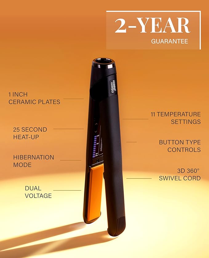 GLAMPALM Hair Straightener 1" Ceramic Flat Iron Infused with Vita C, Korea's No.1 Professional Salon Tool with 3D Swivel Cord & Dual Voltage,11 Heat Settings(220°–450°), 25s Fast Heat-Up (GP201)