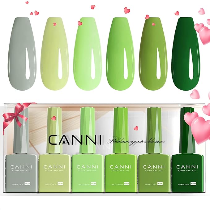 CANNI 6Pcs 9ml Emerald Green Gel Nail Polish Set- Dark Sage Forest Green Gel Polish Kit Lime Olive Forest Colors DIY at Home Salon Christmas New Year's Gifts for Girls