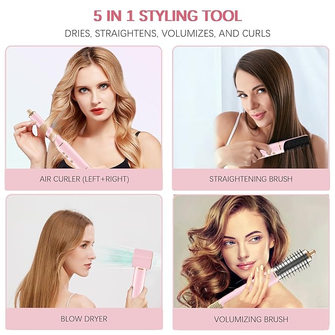 5 in 1 Hot Air Styler, Hair Dryer Brush for Fast Drying, Curling, Volumizing & Straightening, Frizz-Free & No Heat Damage for Smooth Hair & Waves, Ideal High Speed Blow Dryer for Home & Travel Use