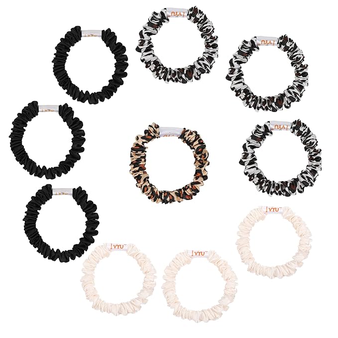 Hair Ties Silk Satin Scrunchies - Small Mini Thin Elestics Ponytail Holder Hair Bands Skinny Scrunchy For Thick Curl Hair No Crease Hair Ties Soft Accessories No Hurt Your Hair for Women and Girls (White Leopard Black)