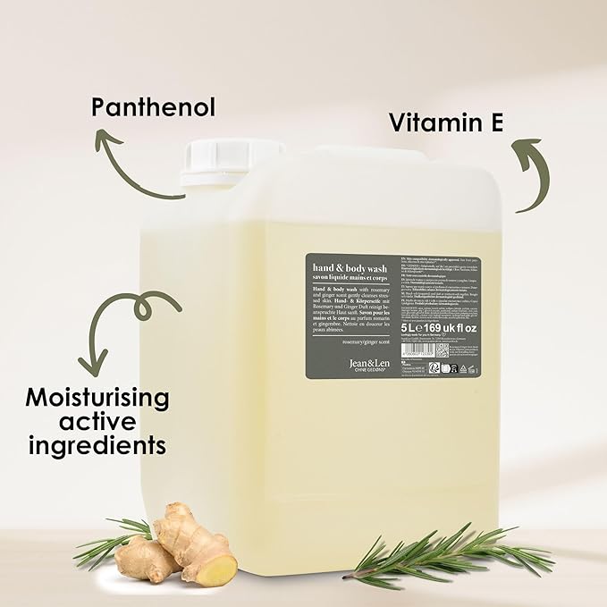 Jean & Len Hand & Body Wash Rosemary and Ginger in canister, cleans and cares for the skin, spicy fresh scent, liquid soap in refill canister, without silicones & parabens, 169.07 Fl. OZ.